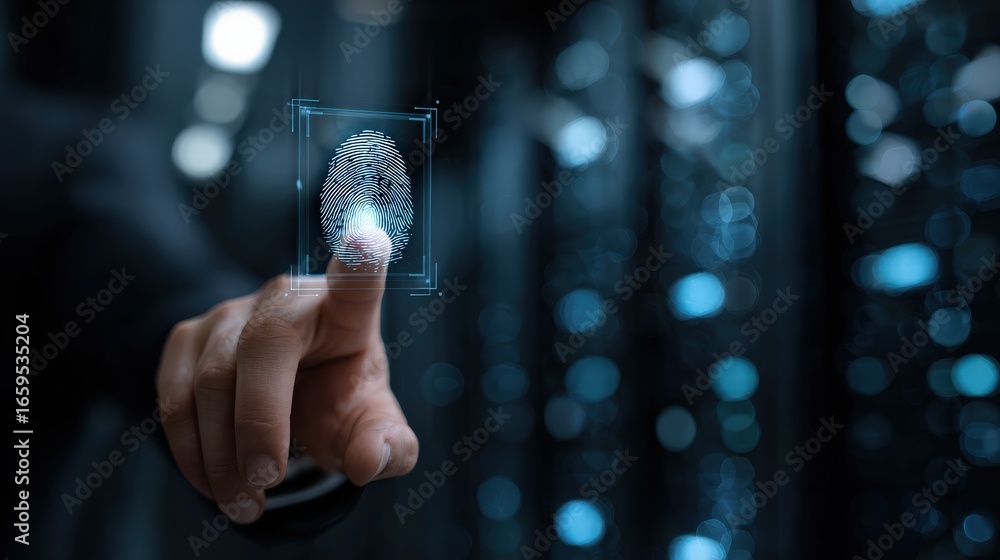 Fototapete biometric fingerprint scan: close-up of a finger touching a transparent screen displaying a fingerpr