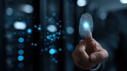 Digital Fingerprint: A glowing fingerprint hovers in mid-air, symbolizing advanced technology and security, as it interfaces with a modern digital system. Generative AI