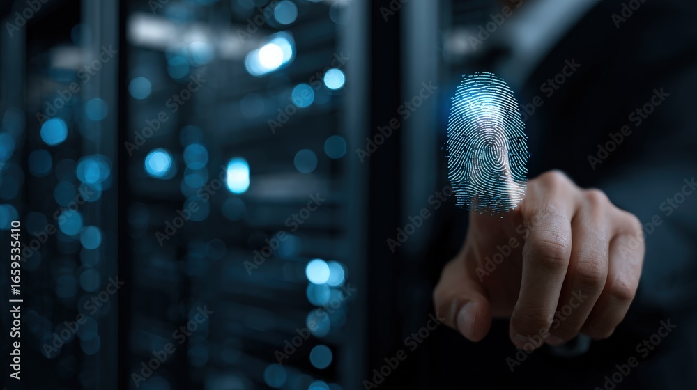 Poster secured data access: an insightful depiction of a person interacting with technology, where a lumino