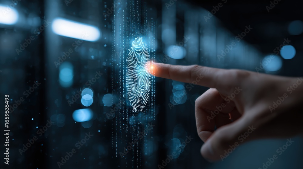 Fototapete digital fingerprint security: a hand interacting with an illuminated fingerprint scan on a futuristi