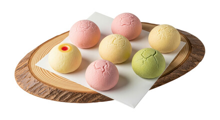 Isolated Assorted Mochi on Wooden Board