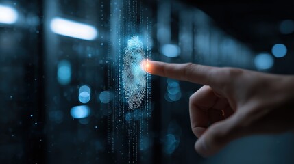 Digital Fingerprint Security: A hand interacting with an illuminated fingerprint scan on a futuristic screen, representing biometric security and modern technology. Generative AI