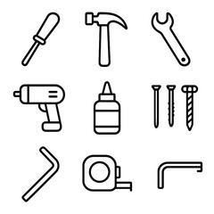 Obraz premium Assembly Tools Icons. Outline icon set of furniture assembly tools: screwdriver, hammer, wrench, drill, glue, nails, screws, Allen