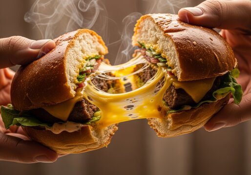 Juicy cheeseburger with melting cheese pulled apart