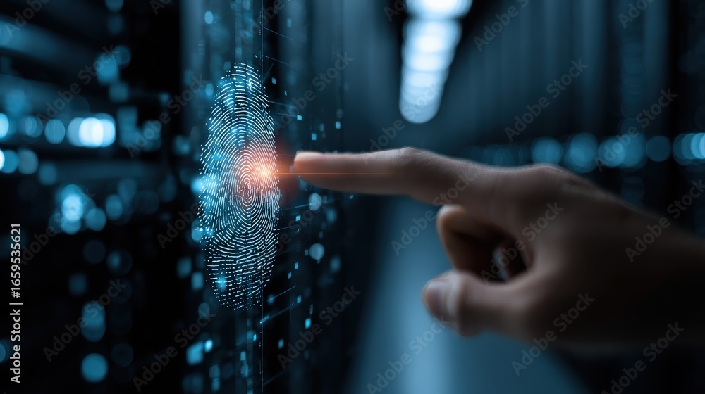 Poster digital access:a futuristic digital interface showcases a human hand interacting with a digital fing