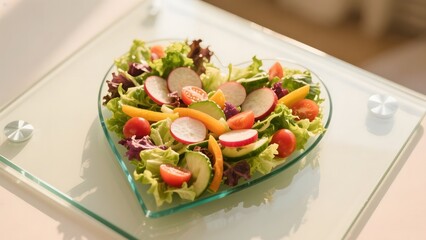 Heart-shaped salad with fresh vegetables and greens on a glass plate