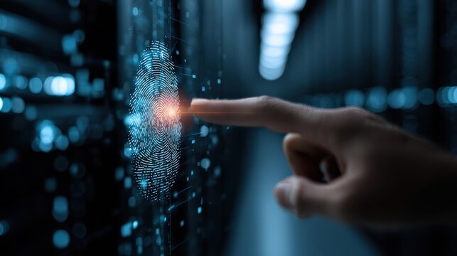 Digital Access:A futuristic digital interface showcases a human hand interacting with a digital fingerprint, against a backdrop of server racks, representing secure access, cybersecurity.Generative Ai