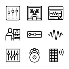 Audio Production Icons. Outline icon set of midrange in audio production: mixing console, recording studio, sound editor, music