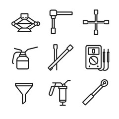 Fototapeta premium Automotive Tools Icons. Outline icon set of automotive tools: jack, socket wrench, tire iron, oil can, spark plug wrench,