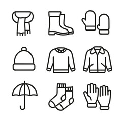 Fototapeta premium Autumn Clothing Icons. Outline icon set of autumn clothing: scarf, boots, mittens, hat, sweater, jacket, umbrella, socks, gloves.