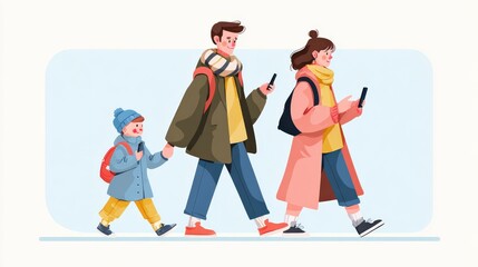 Family stroll: A happy family of three, including parents and a child, are enjoying a leisurely walk together, each holding a smartphone.