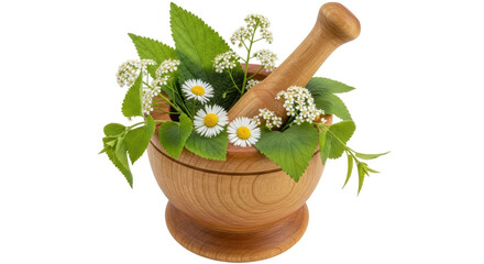 Isolated Mortar and Pestle with Herbs and Flowers