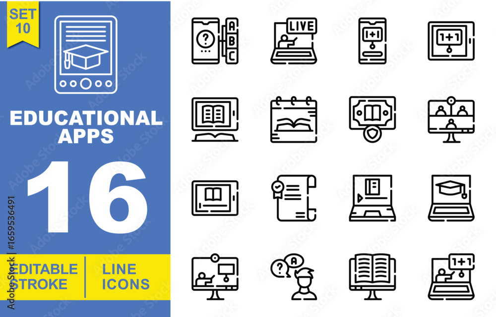Fototapete educational apps set of web icons in line style. a collection of linear icons representing key educa