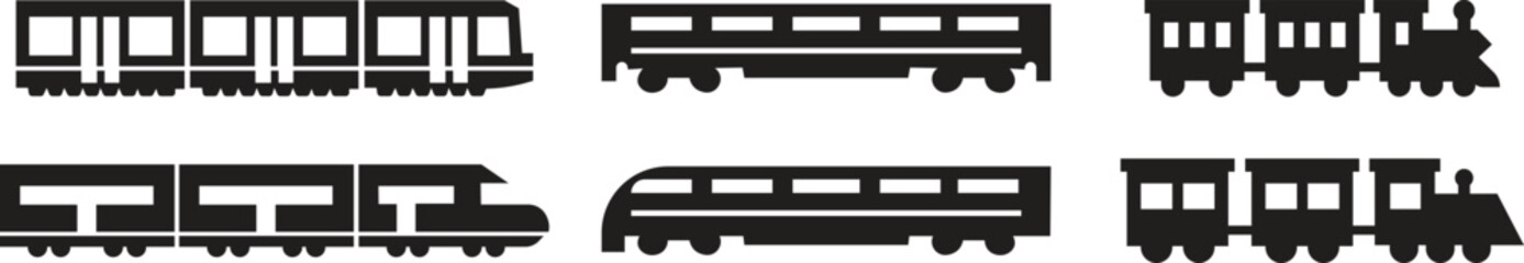 Train icons set in flat styles. Collection and group of travel elements including railway transport, subway, metro, underground signs, public tram pictogram, railway carriage and locomotive symbols.
