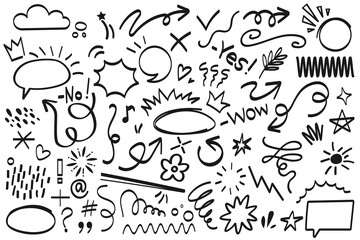 Fototapeta premium Vector image of messy set of sketch and pattern hand drawn. underline, highlight, arrow set. Hand drawn brush stroke, highlight, speech bubble, underline. Element for your design 
