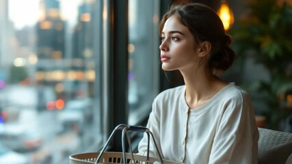 Thoughtful young woman holding a laundry basket and looking out the window while waiting for her clothes to be washed at the laundromat - Powered by Adobe