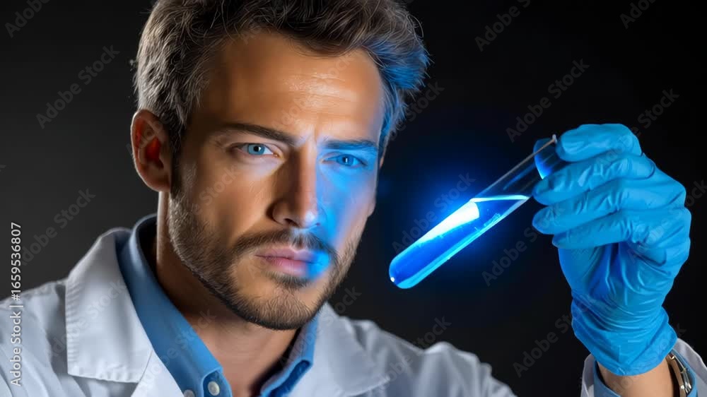 Poster scientist examining glowing liquid in test tube in laboratory setting with focused expression