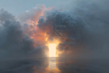Obraz premium Dreamy escape through glowing portal into a serene landscape with fluffy clouds and a reflective surface creating an ethereal atmosphere of wonder