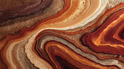 Abstract geological layers forming wave-like patterns in molten earth tones.