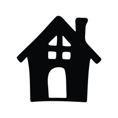 Black silhouette of a whimsical house with chimney and window details