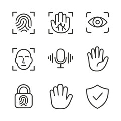 Obraz premium Biometric Icon Grid. Outline icon set of biometric touch technology: fingerprint scan, palm vein scan, iris scan, face recognition