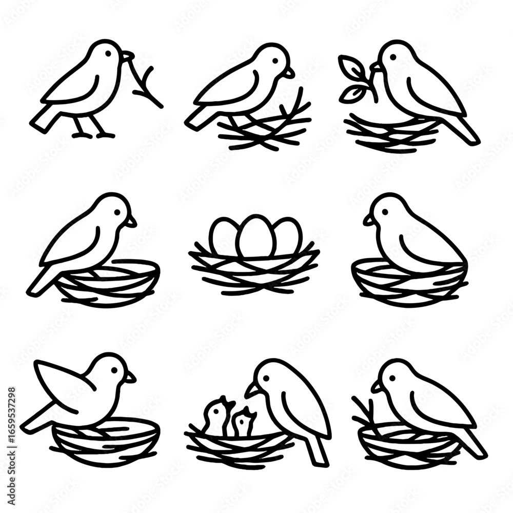 Poster bird nest icon set. outline icon set of nest building: collecting twigs, weaving nest, adding leaves