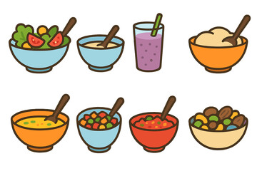 Colorful Kitchen Mixtures. Flat vector mini-illustrations kitchen mixtures in colors children's illustrations: salad bowl, pancake