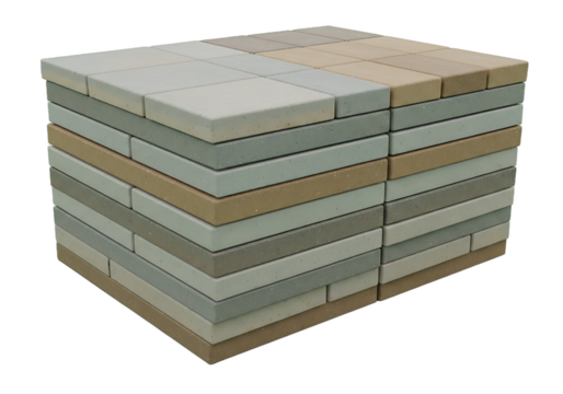 Stack of various colored concrete paving stones or patio tiles.