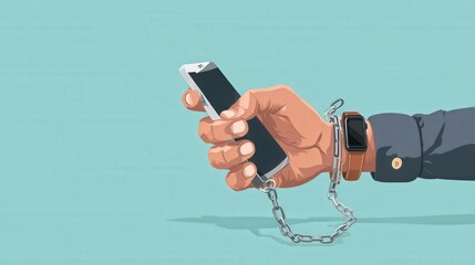 Digital Bondage: A person's hand clutches a smartphone, chains ensnaring their wrist, illustrating the grip of digital addiction, dependence, and the loss of freedom.