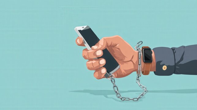 Digital Bondage: A person's hand clutches a smartphone, chains ensnaring their wrist, illustrating the grip of digital addiction, dependence, and the loss of freedom.