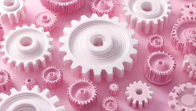 Pink and white cogwheels interlock on a pink background - Powered by Adobe