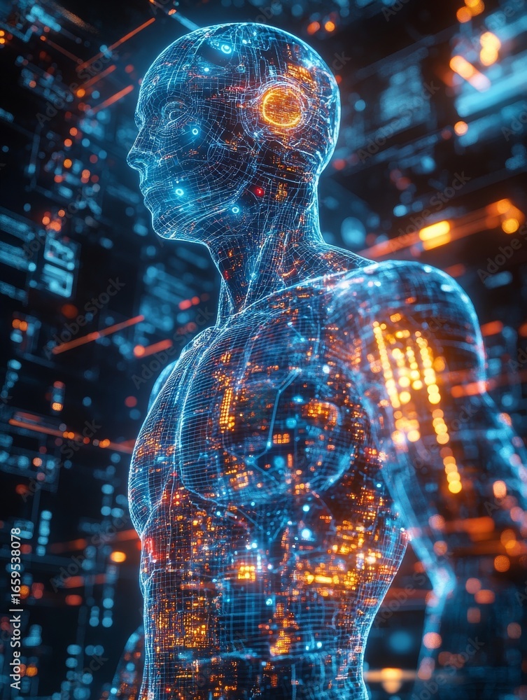 Poster the dawn of digital sentience: a luminous wireframe human form pulsating with interconnected circuit