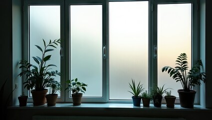 Indoor windowsill display with various houseplants, frosted glass, and soft light.