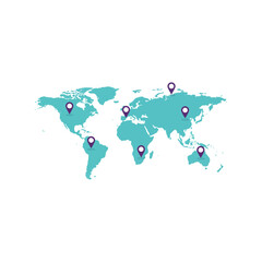 Naklejka premium Global network of location pins on a teal world map representing international connectivity and business vector