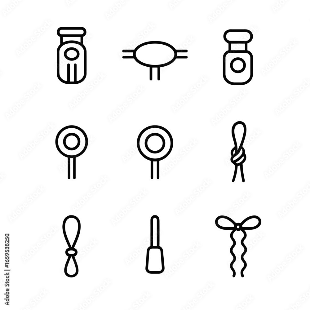 Poster drawstring mechanisms icons. outline icon set of drawstring mechanisms: cord lock, toggle, stopper, 