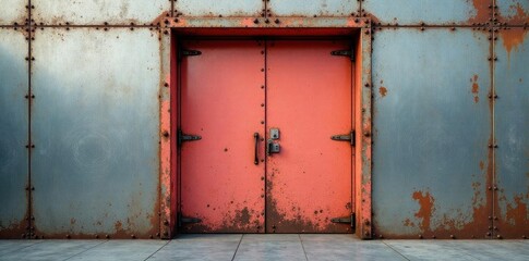 Naklejka premium Horizontal metal door, peach fuzz texture Industrial steel portal, grunge background , background, portal
