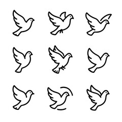 Dove Flight Icons. Outline icon set of dove flight patterns: soaring, flapping, gliding, hovering, landing, takeoff, banking,