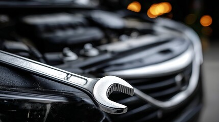 Wrench ready on hood for essential car repairs, ensuring dependable vehicle maintenance and lasting performance