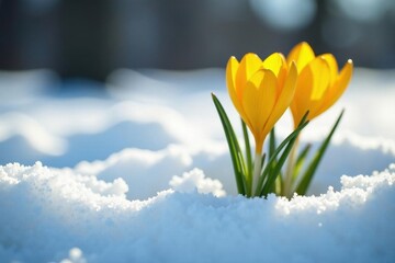 Delicate yellow crocuses pushing through receding snowdrift , ground, flowers, awakening