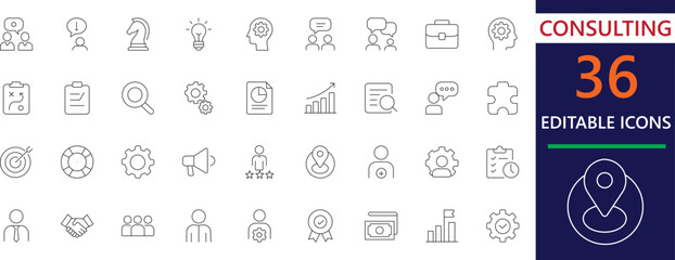 A professional stroke icon set designed for consulting, strategy, and business growth solutions. Perfect for presentations, reports, and digital projects to showcase success and efficiency.