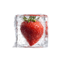 Half of a fresh strawberry encased in an ice cube tray