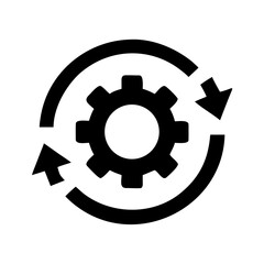Automation workflow glyph icon with a gear and arrows, a black silhouette for process and operations, isolated on a transparent background