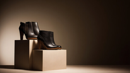 Fashion shoes displayed on minimalist pedestal, studio lighting, f/8.0, clean product showcase with soft shadow --ar 16:9 --v 7.0 --style raw --c 20 --s 20