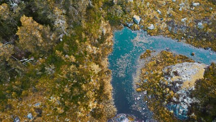a turquoise river in the middle of a forrest. Norway (Mykland). Top down shot, photographed with a drone.