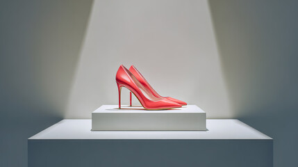 Fashion shoes displayed on minimalist pedestal, studio lighting, f/8.0, clean product showcase with soft shadow --ar 16:9 --v 7.0 --style raw --c 20 --s 20