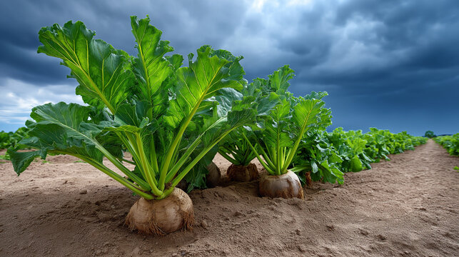 Sugar beets growing under stormy sky with gentle light