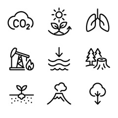 Fototapeta premium Carbon Cycle Icons. Outline icon set of carbon cycle elements: carbon dioxide, photosynthesis, respiration, fossil fuels, ocean