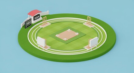 Cricket Stadium Illustration: A vibrant, eye-level illustration of a cricket stadium, capturing the essence of the game and its field. 