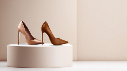 Fashion shoes displayed on minimalist pedestal, studio lighting, f/8.0, clean product showcase with soft shadow --ar 16:9 --v 7.0 --style raw --c 20 --s 20