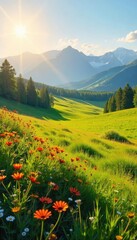 Fototapeta premium Golden Sunlight Bathes Serene Ranch Meadows Wildflowers, Distant Mountains, Breathtaking Idyllic Landscape Perfect for Rustic & Farm Projects